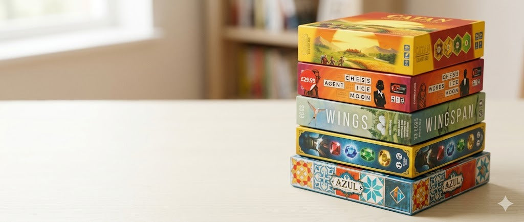Stack de juegos de mesa con etiqueta de oferta